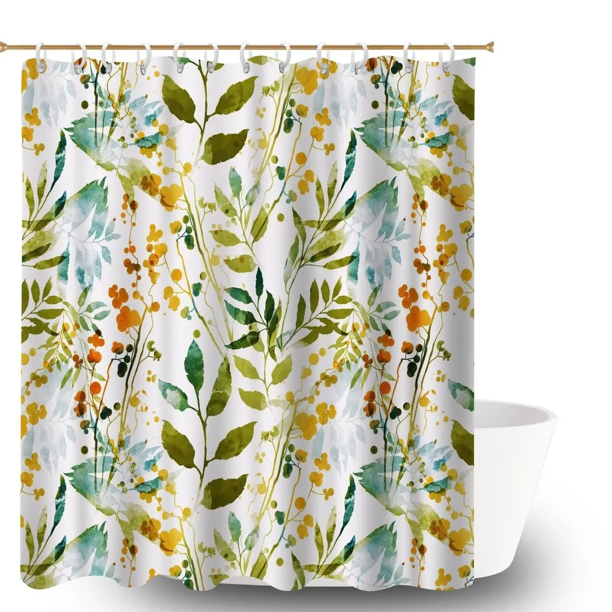 Leaf Print Fabric Shower Curtain for Bathroom, Wrinkle-Resistant Curtain