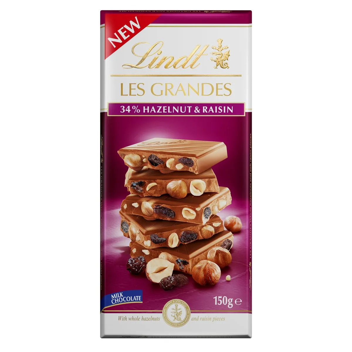 Lindt LES GRANDES Milk Hazelnut & Raisin 150g Slab