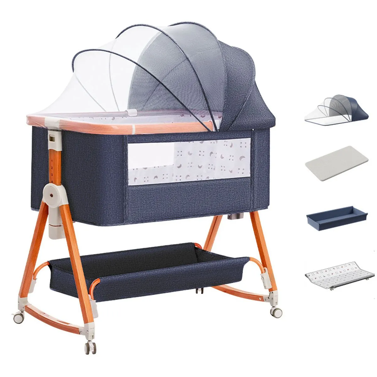 Foldable 6-in-1 Bedside Crib Baby Bassinet with Changing Table - Blue