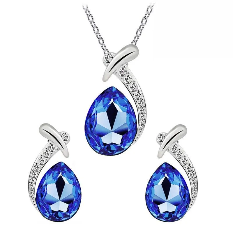 Teardrop Pendant Earrings for Women Dangle Handmade Necklace Dangle Set - Blue
