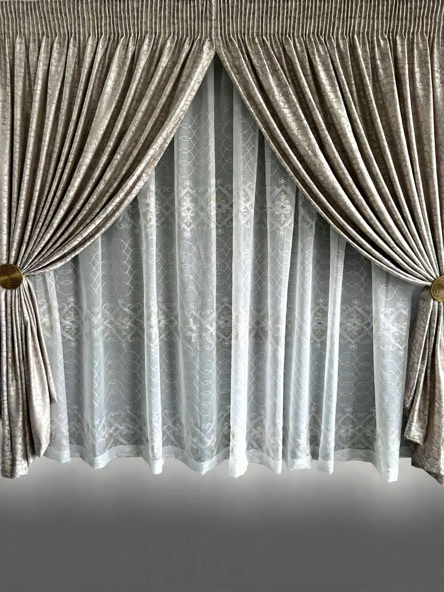 Cirlce Beige Sheer Plain Dining Room Taped Curtains"