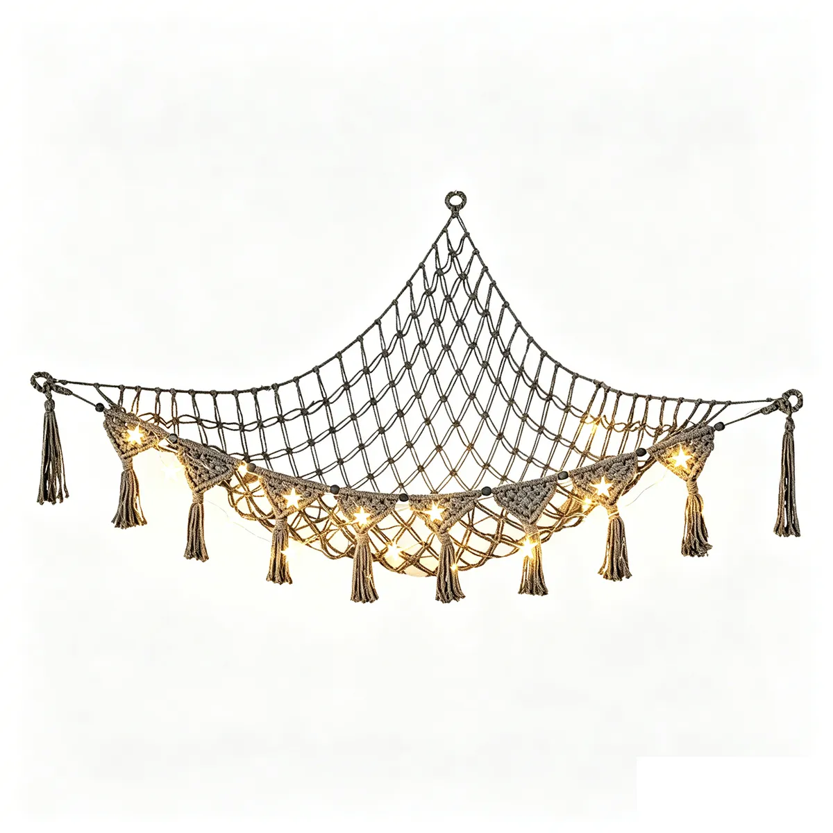 Macrame Toy Hammock with LED Lights & Tassels, Large Storage Net