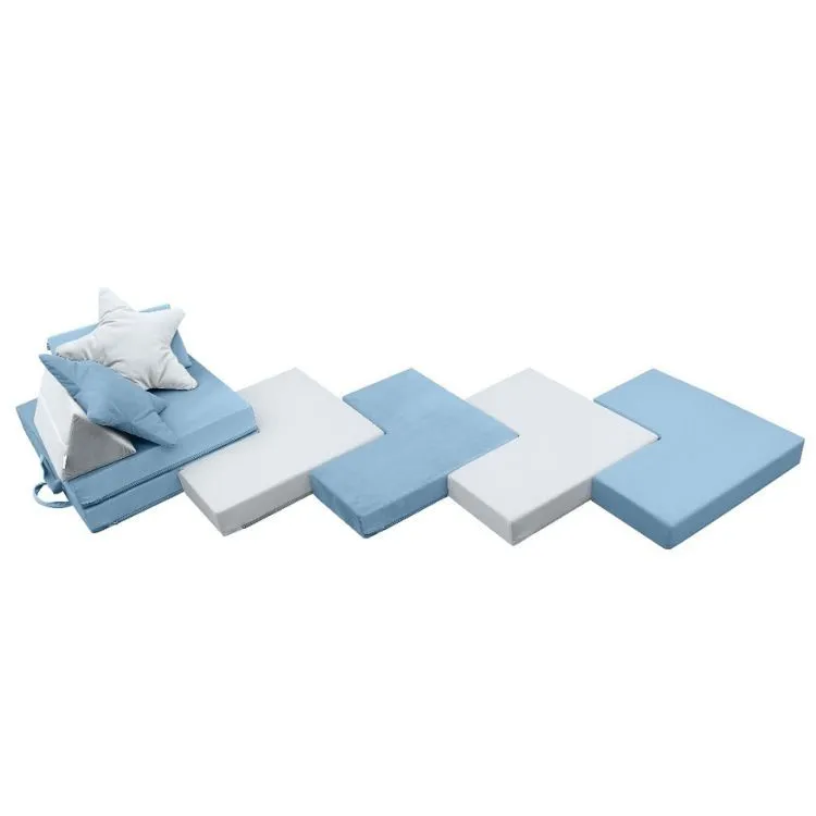 Kids Modular Soft Velvet Play Sofa & Transformable Foam Building Blocks - Blue, Grey