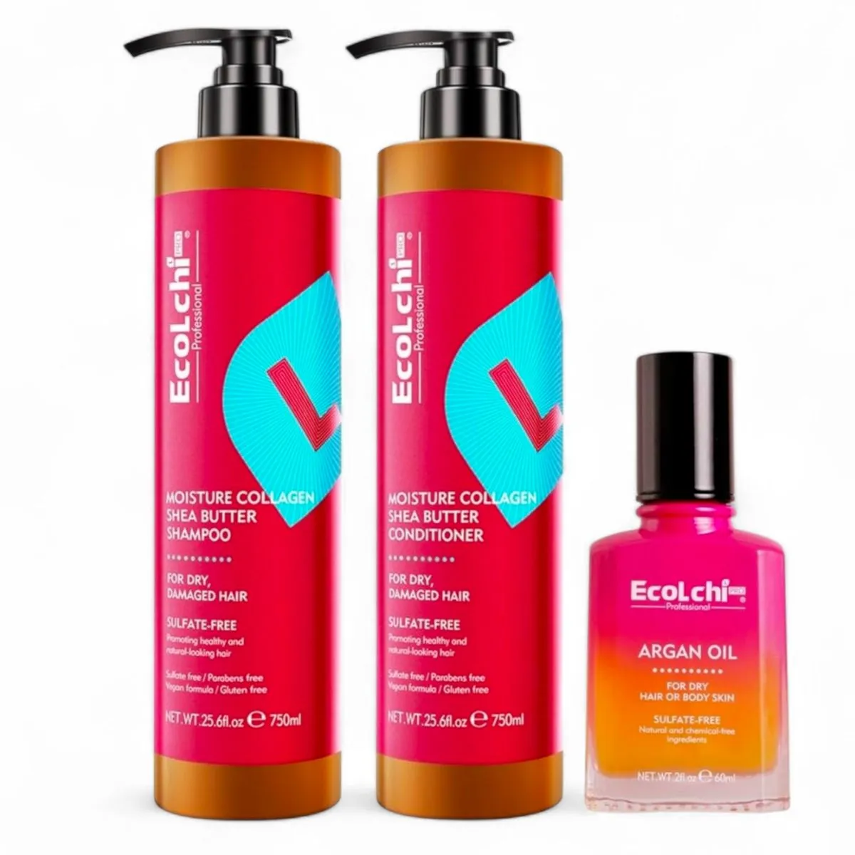 EcoLchiPro Collagen Shea Butter Shampoo Conditioner & Argan Oil Set