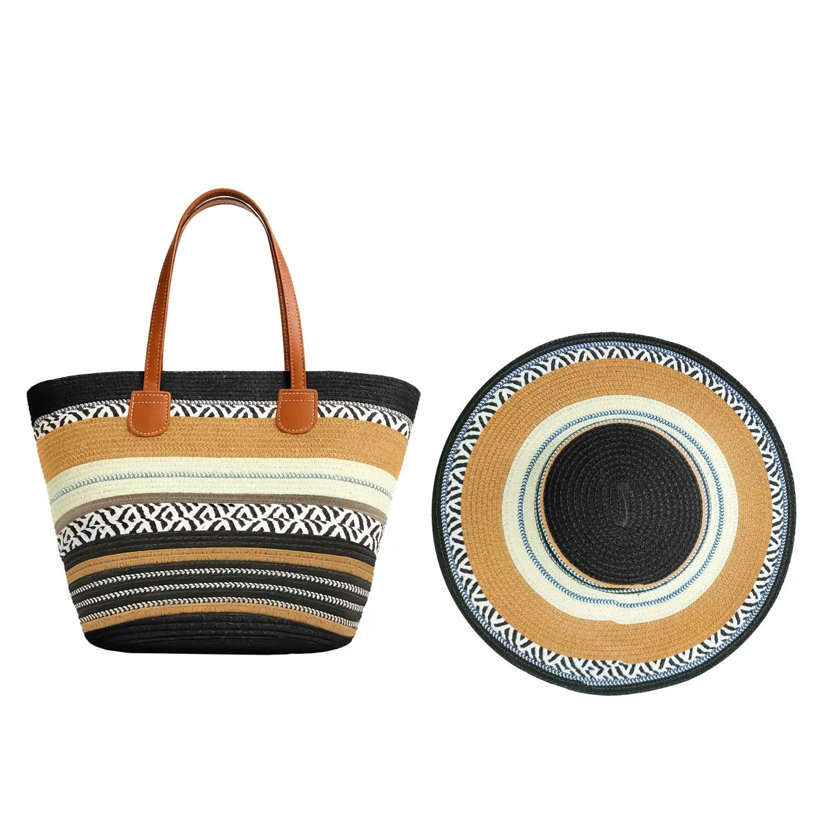 JESSEJESSE Woven Soft Base Tote Bag and Hat Set Summer Style - Black