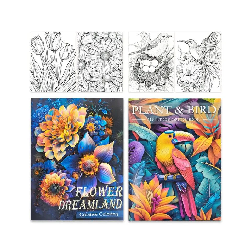 Calming 2-Pack Flower Dreamland & Plant & Bird Thick Paper Coloring Set