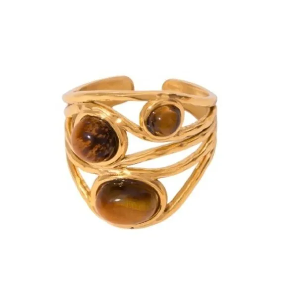 Tiger Eye Stone Gold Plated Stainless Steel Adjustable Open Ring