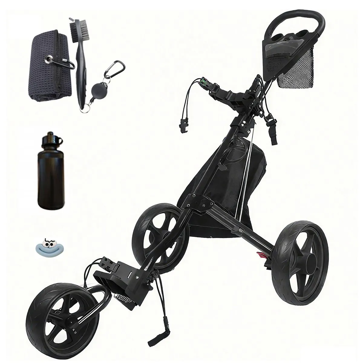 3 Wheel Golf Push Cart with Ball Bag, Storage Bag, Water Cup, Cleaning Tool - Black