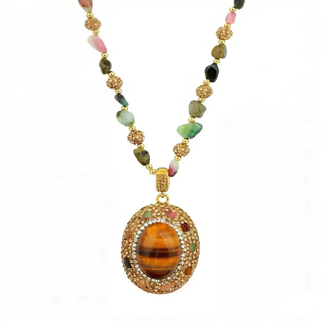 Vintage Mixed Gemstone Crystal Inlaid Tiger Eye Pendant Neck Chain