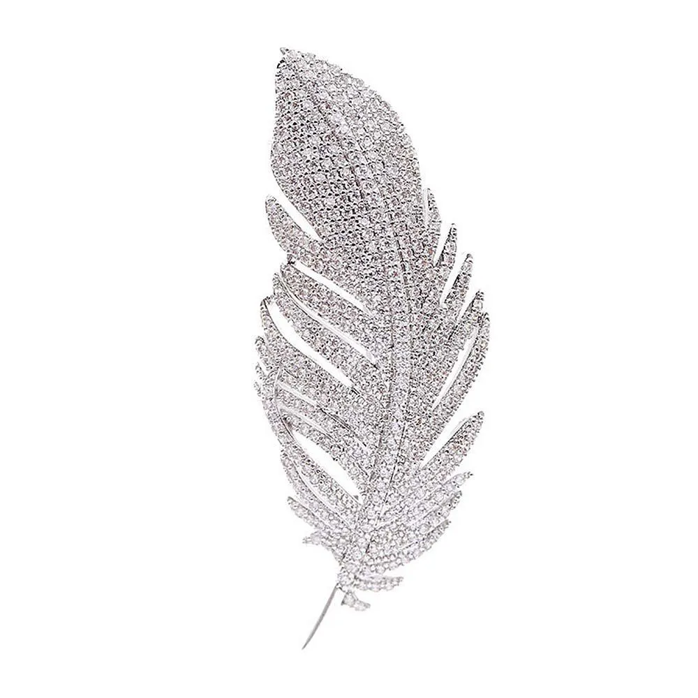 Rhinestone Feather Brooch | Crystal Leaf Elegant Jewelry