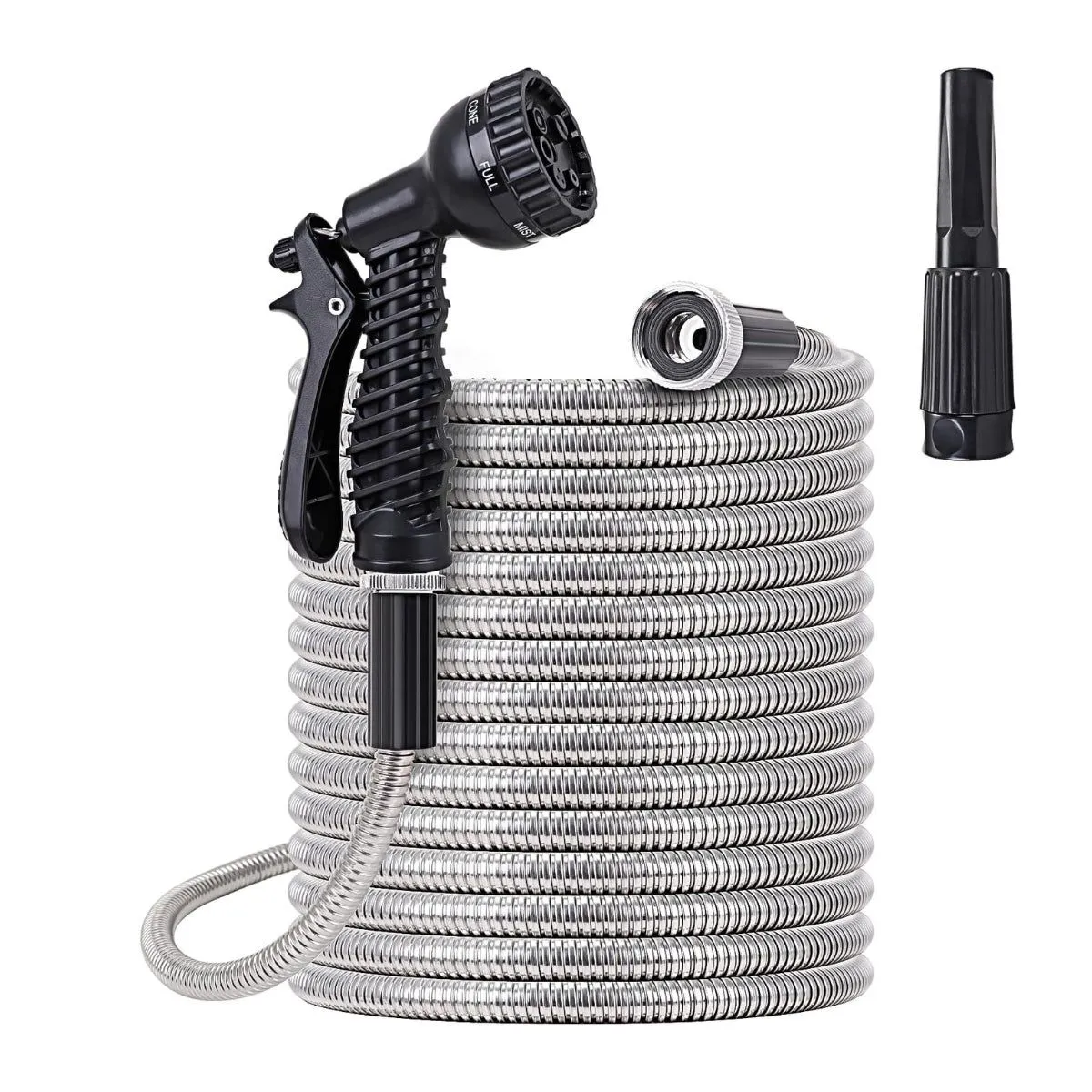 50Ft Stainless Steel Metal Hose Pipe with 2 Nozzles - Black