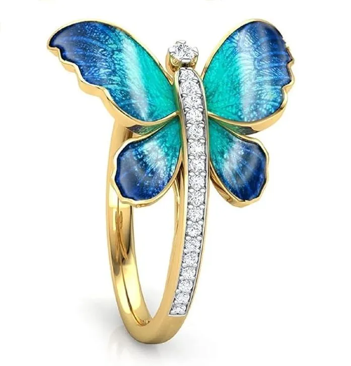 Iridescent Enamel Butterfly Ring - Adjustable Finger Ring Size 7