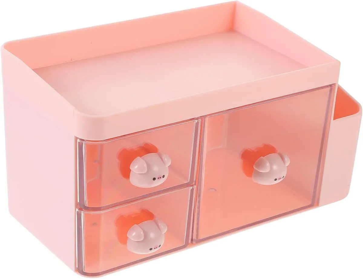 Desk Storage Box with 3 Drawers, Pink Multipurpose Desktop Stationery