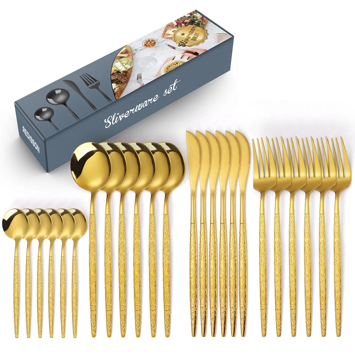 24 Piece Stainless Steel Cutlery Flatware SetsKnife Fork Spoon Sets - Gold