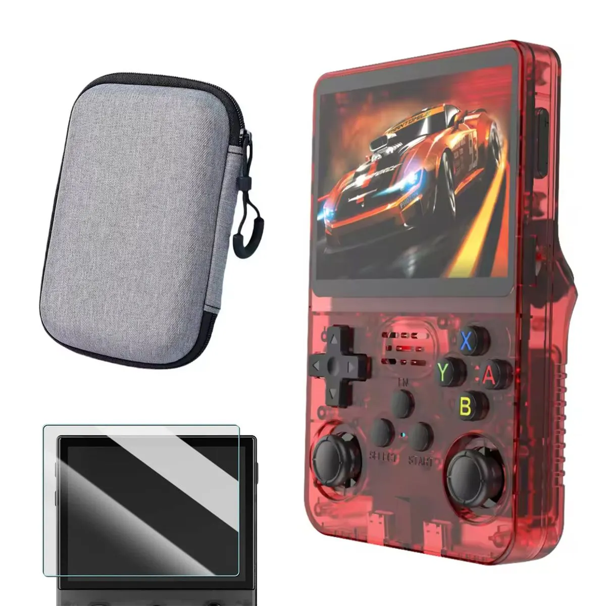R36S Retro Handheld Gaming Console with Carry Case and Screen Protector - Transparent Red