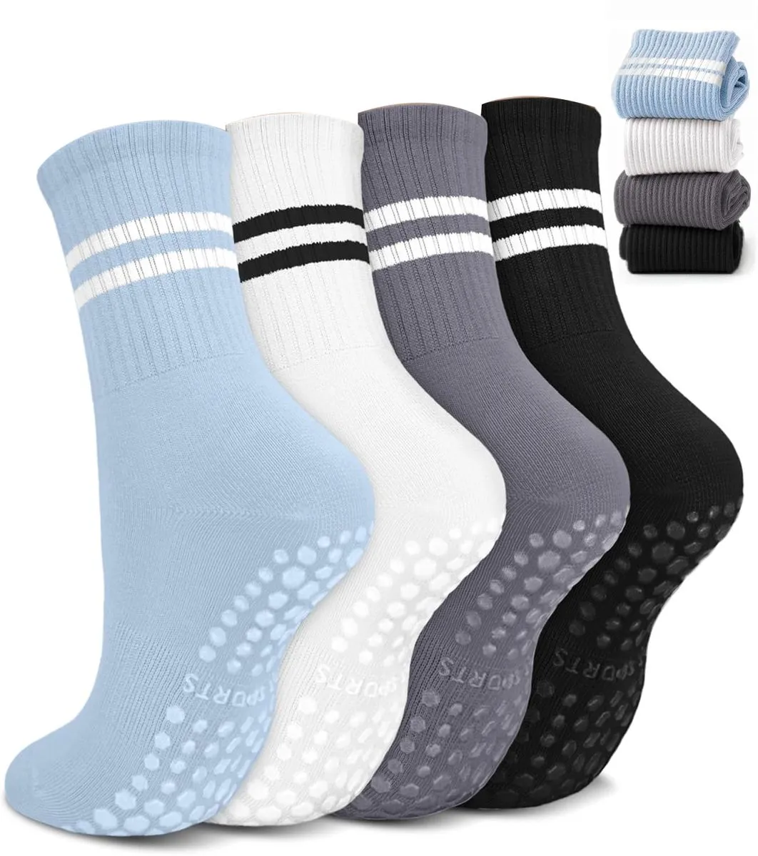 Pilates Socks With Grips For Women,Non-Slip Yoga Socks For Barre & Gym 4Pcs