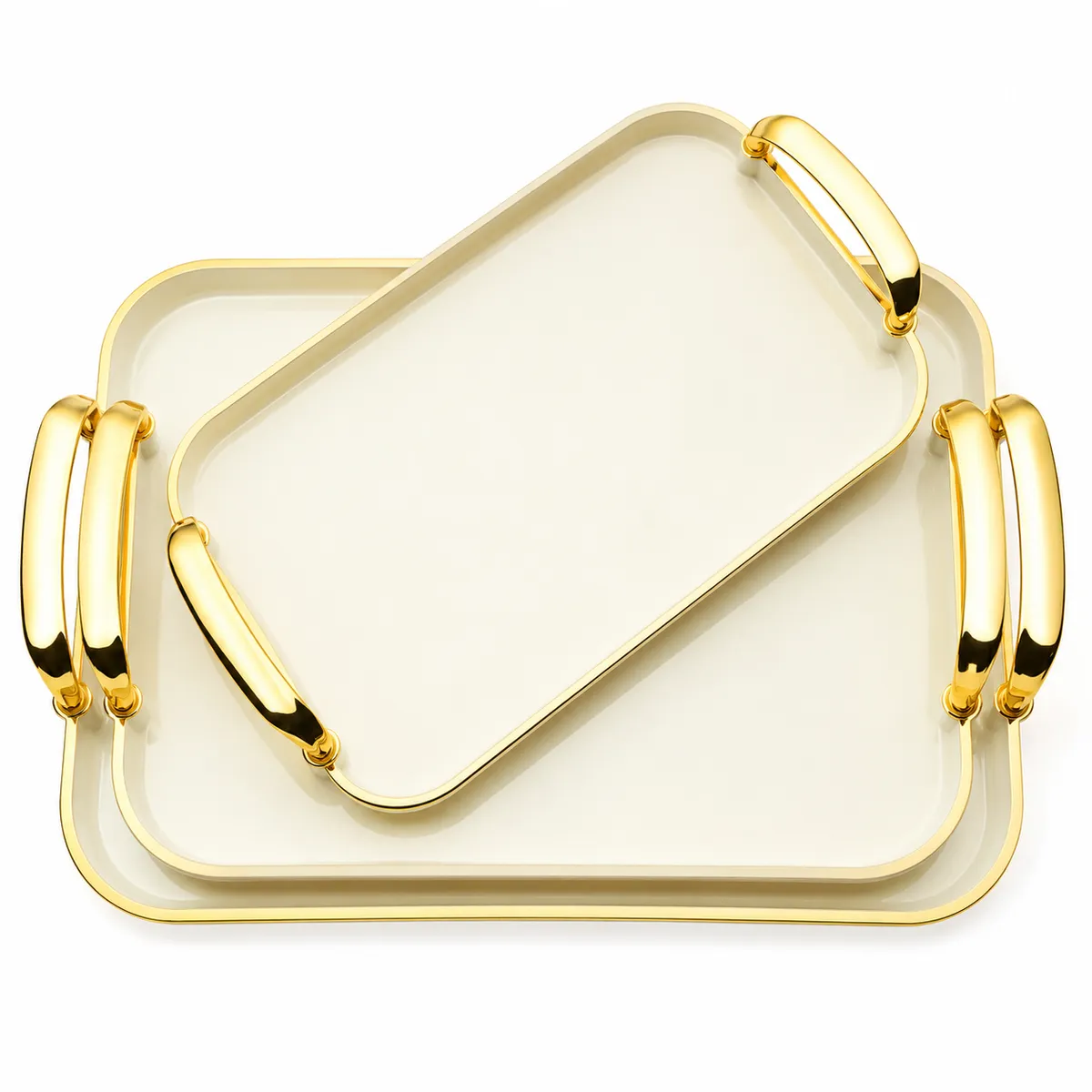 Serving Tray Set Food Fruit Dinner Tray Rectangle with Golden Handle - 3pcs