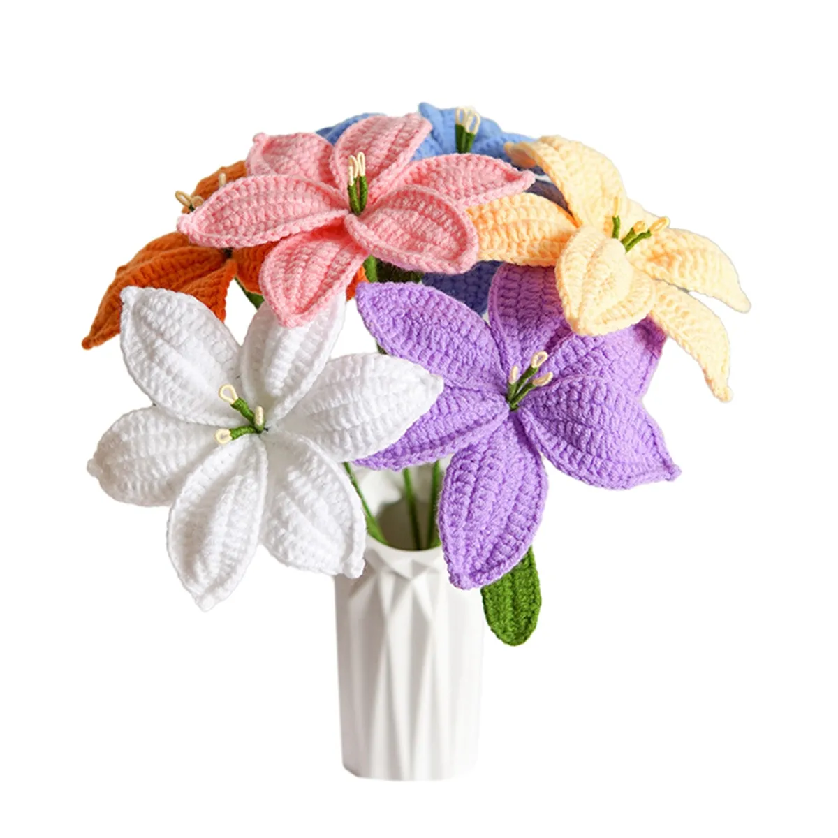 Hand-Knitted Lily Tulip Rose Crochet Flowers Artificial Bouquet