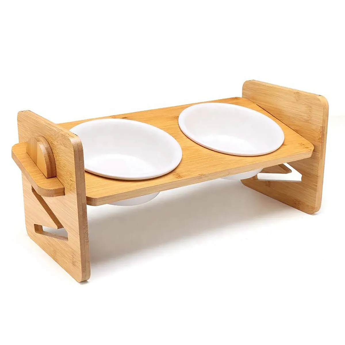 Adjustable Bamboo Cat Dog Bowl Set with 2 Ceramic Bowls 4 Height Levels