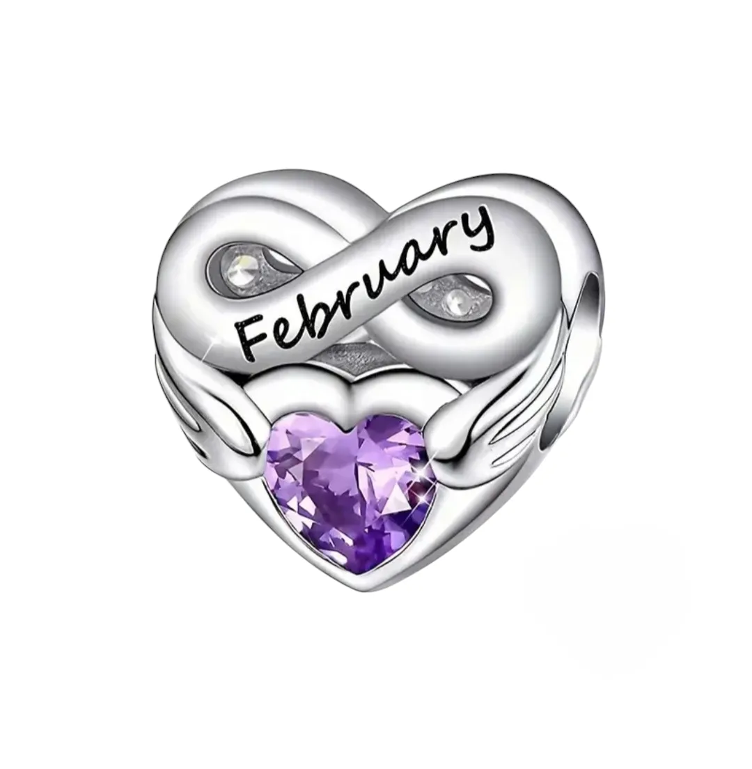 Infinity Heart-Shaped Birthstone Charm for Birth Months -February
