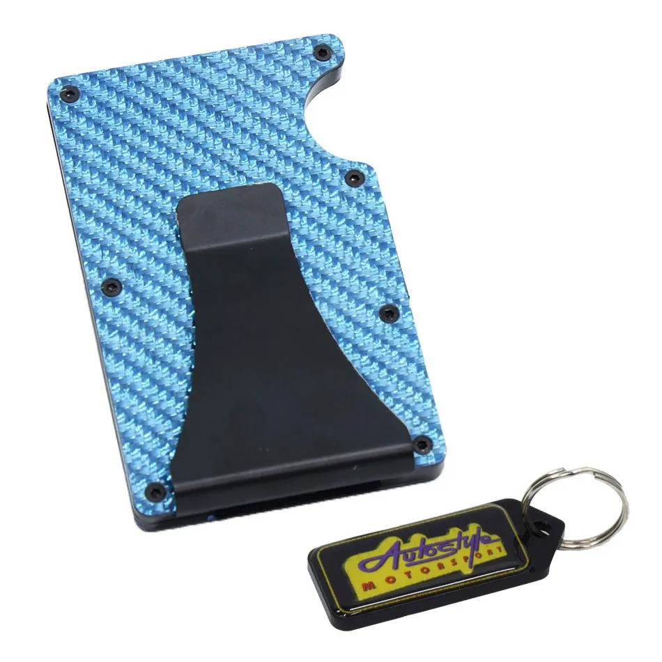 RFID Blocking Carbon Fiber Wallet with Money Clip Card Holder & Key Holder - Blue