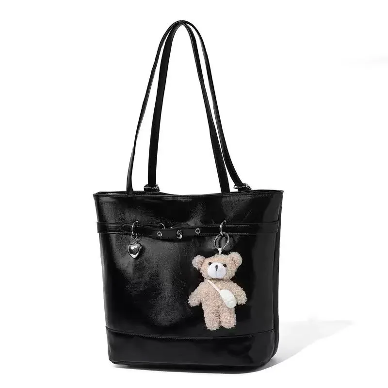 Cool and Sweet Style Black Tote Bag - Bear Pendant Large Capacity Shoulder