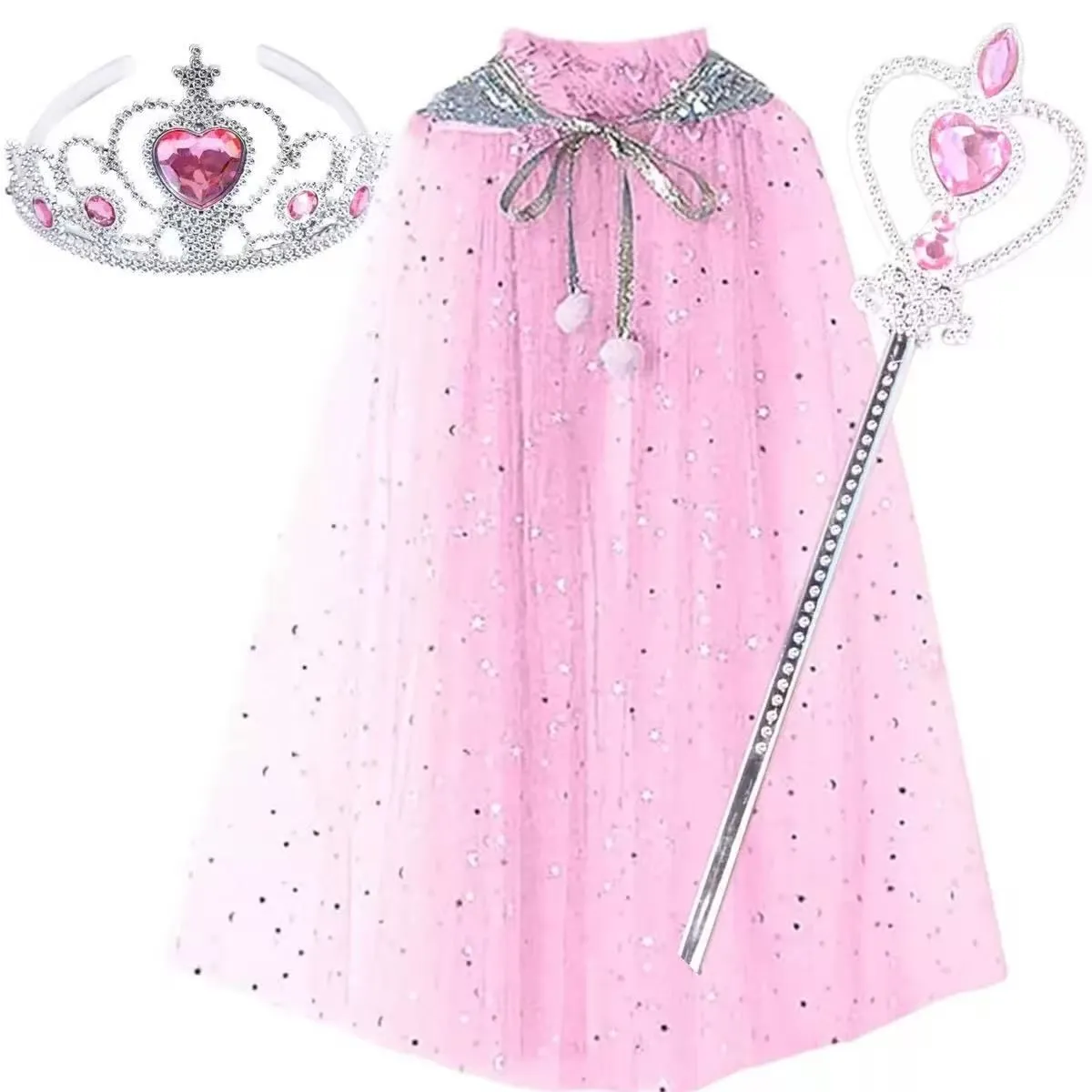 Princess Sparkle Tulle Cape Set Rhinestone Crown & Magic Wand Girls Dress U - Pink