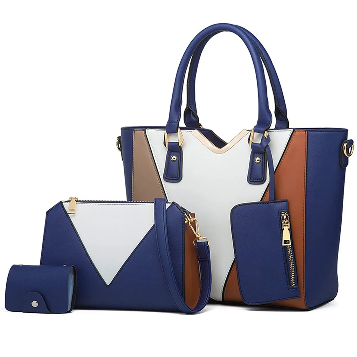 Handbags Fashion Colour Block Shoulder Bag Crossbody 4in1 Large Tote Bag - Blue