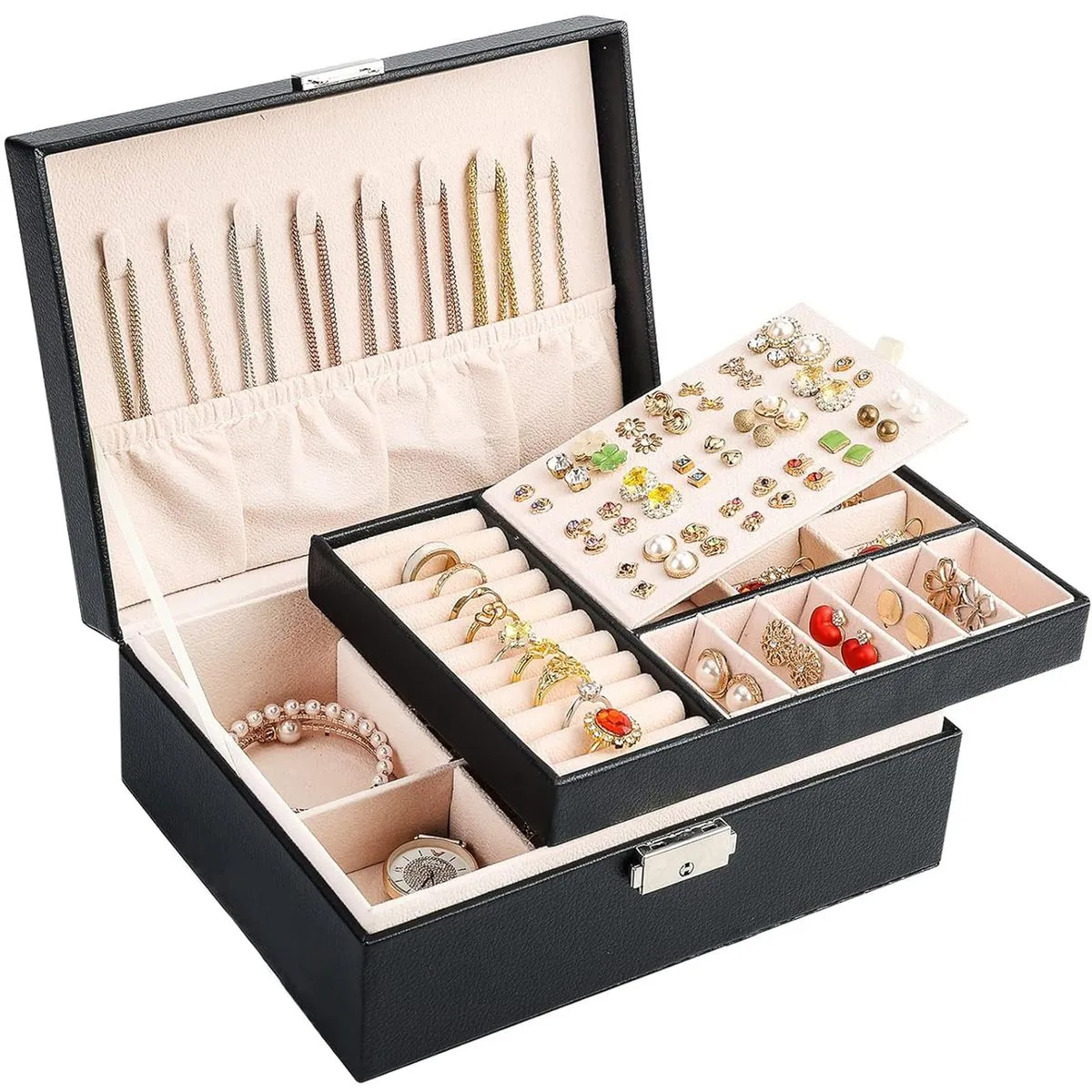 Jewelry Organizer Box Double Layers Women Earring Jewelry Case with Lock - Black