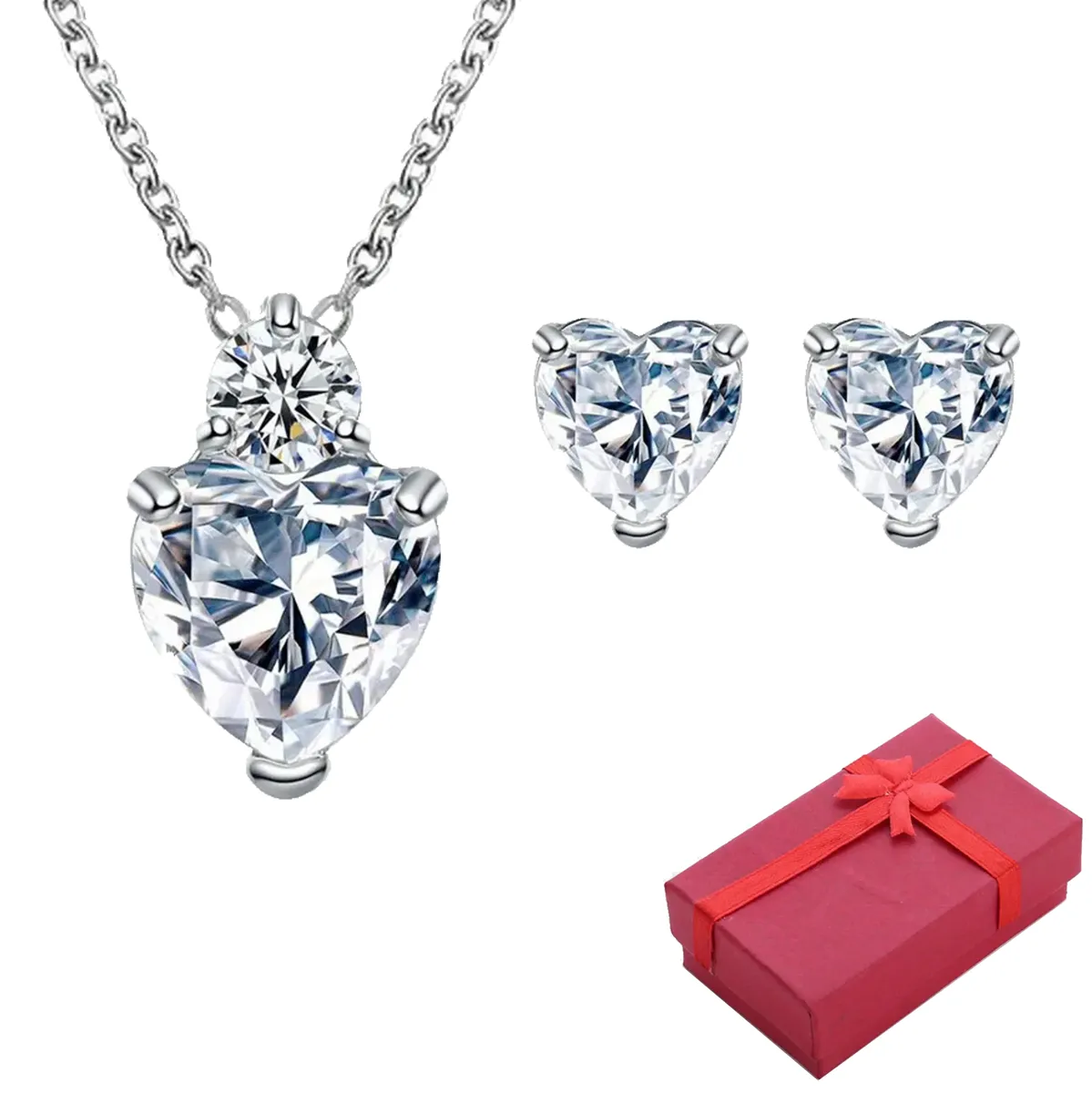 Heart Pendant Necklace & Stud Earrings Jewellery Set for Women - FDJO12 - Crystal