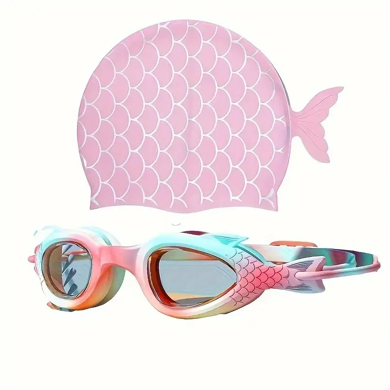 Kids' Cartoon Swim Goggles & Silicone Cap Set - Pink