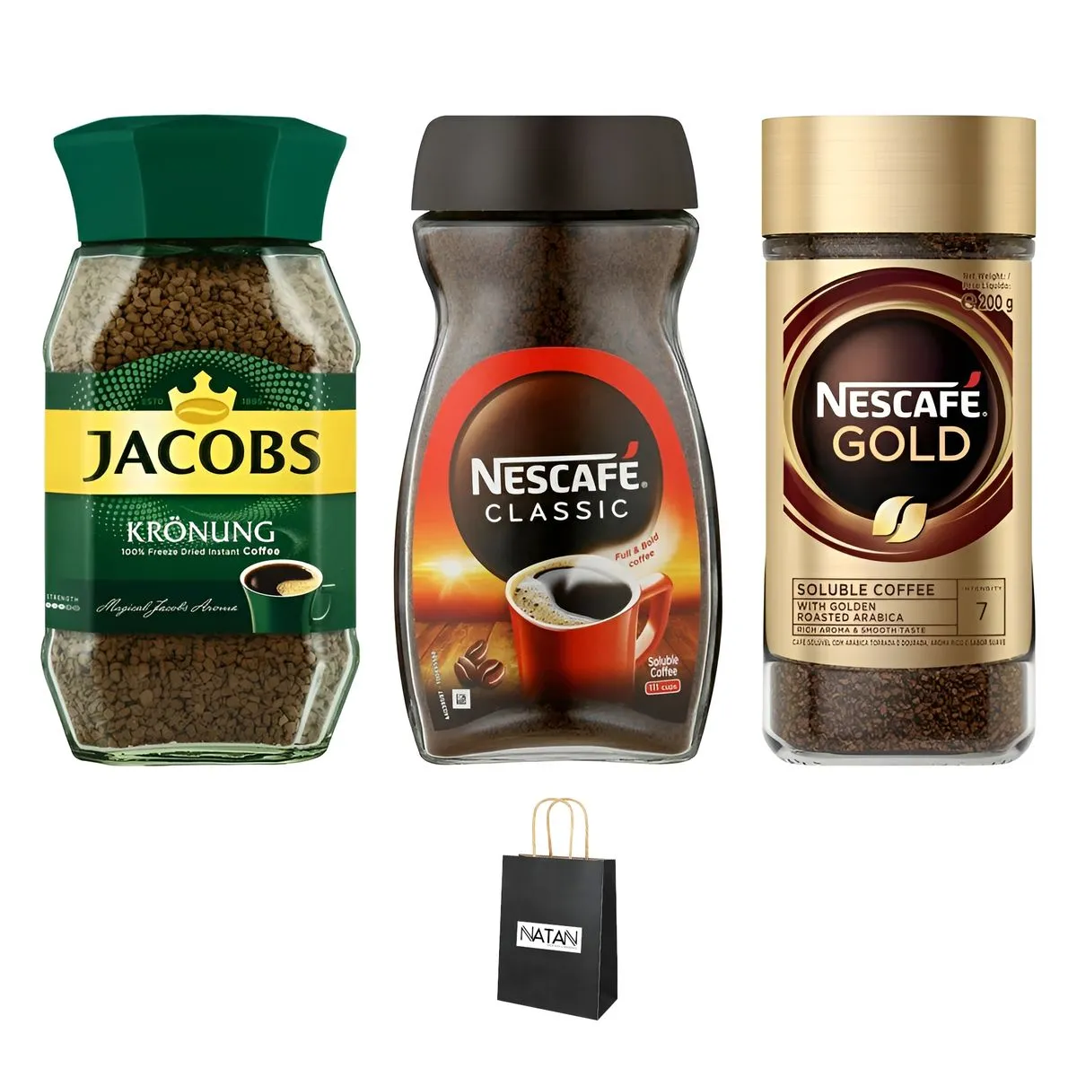 Nescafe Classic 200g & Gold 200g + Jacobs Standard 200g + Gift Bag NATAN