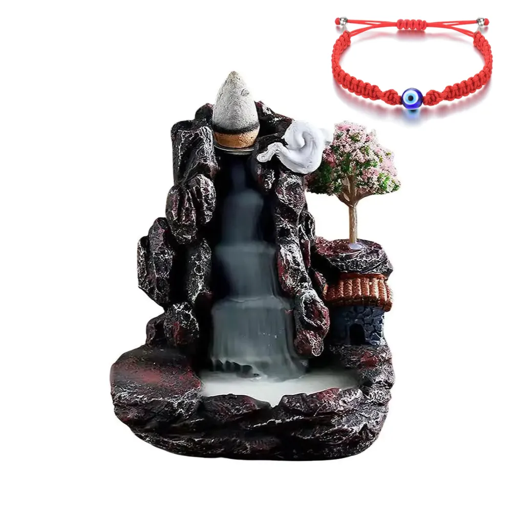 Backflow Incense Burner Waterfall Effect & Evil Eye Bracelet Peace Bundle - Brown Pink