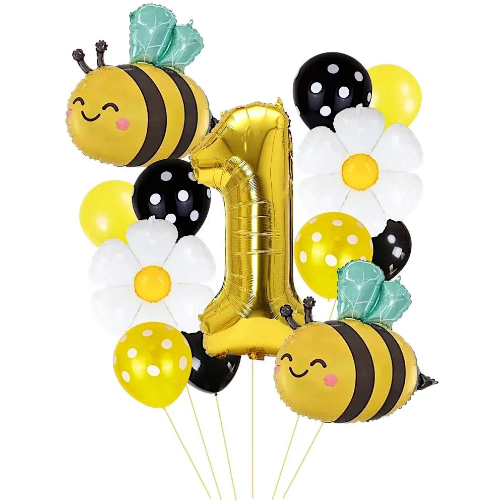 13 Piece Bumble Bee Birthday Balloon Decoration Set - Number 1 Balloon