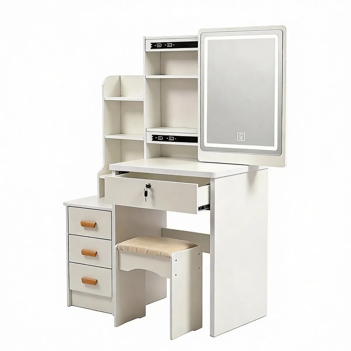 White Modern Makeup Vanity Table with Light Mirror Left Side Cabinet