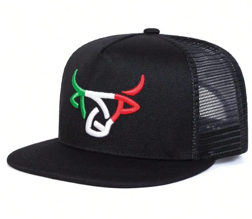Bull Head Embroidered Snapback Trucker Cap - Black