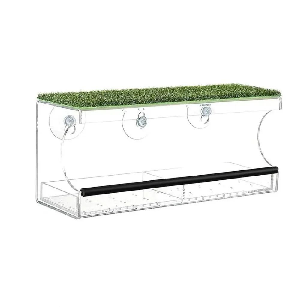 Large Window Bird Feeder with Artificial Grass, Wild Acrylic Bird Feeder