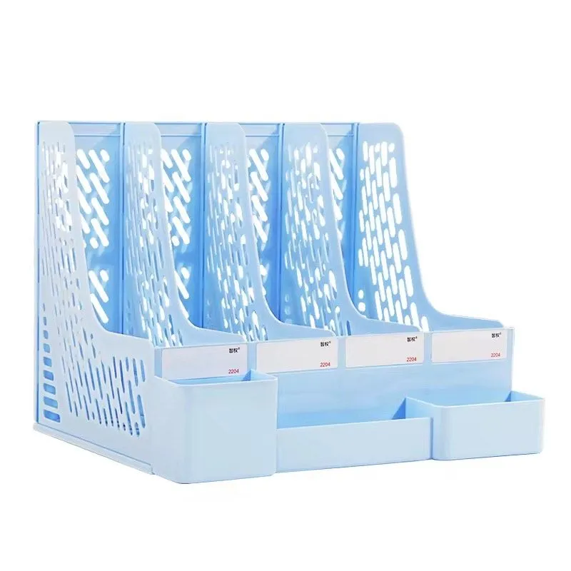 4-Section PP Magazine Holder for Office & School With Pen Holder - Blue