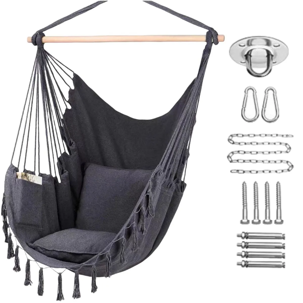 Hammock Hanging Rope Chair with 2 Pillows for Yard Deck Patio & Garden