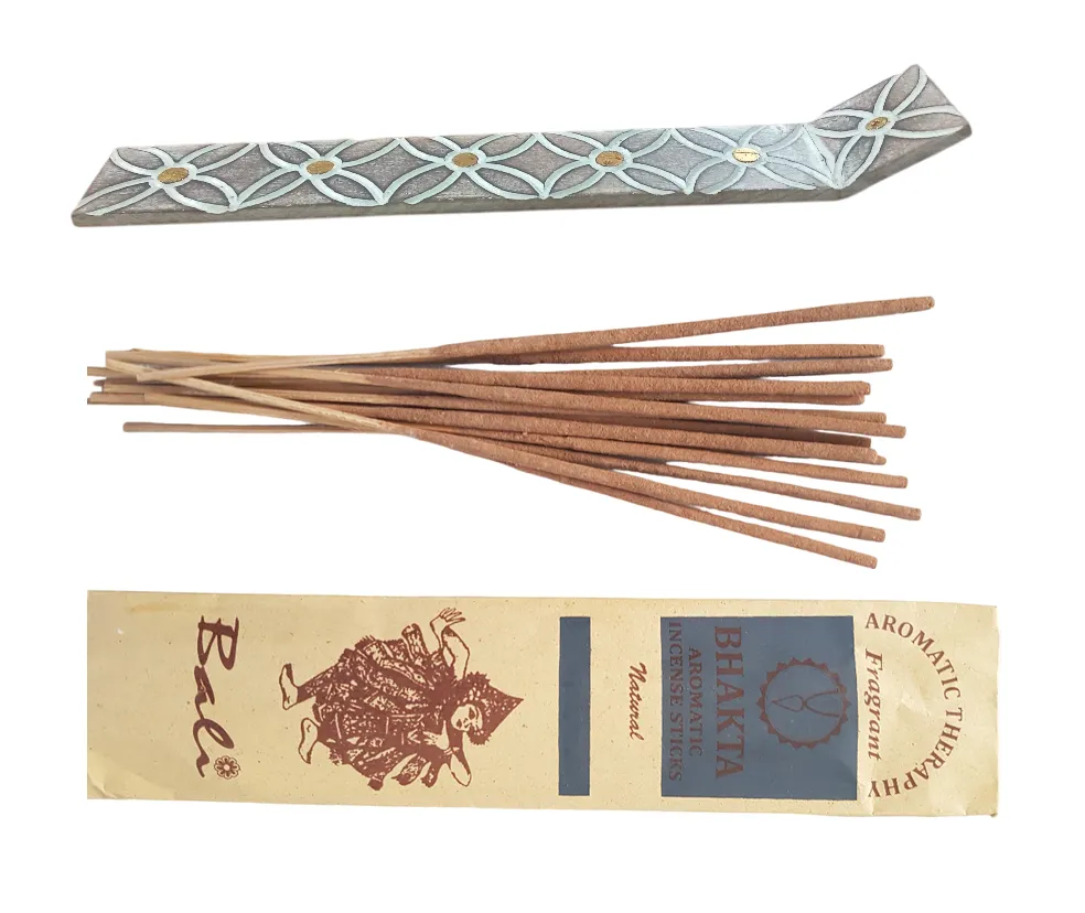 Decorative Wooden Carved Holder With Assorted 20 Incense Sticks - Carved Flower Pattern