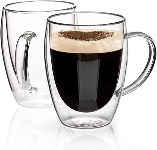 Double Wall Glass Coffee Mugs - Insulated Borosilicate Glass Cups 450ml