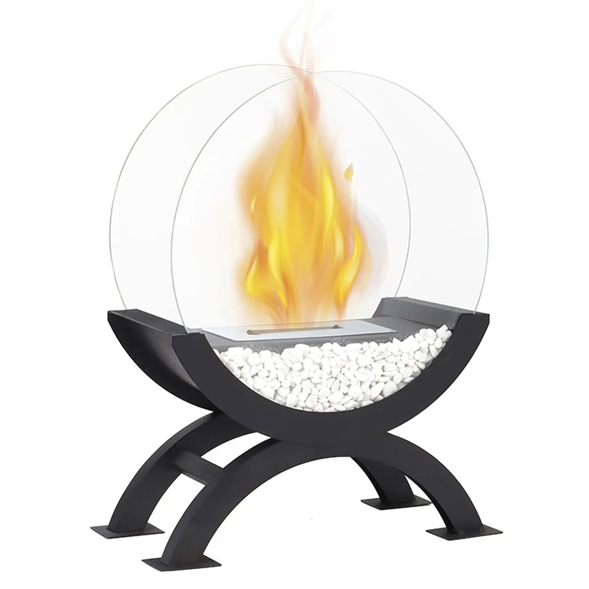 Portable Ethanol Fireplace - Round Glass Fire Pit for Indoor & Outdoor Use - Deep Black