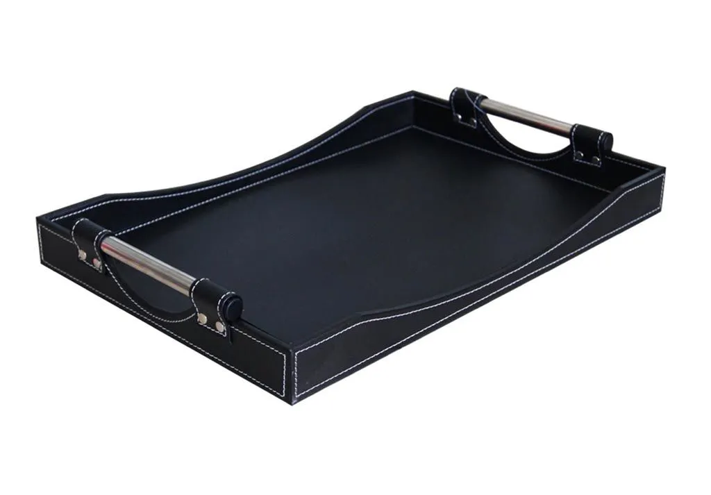 Decadent Leather Bound and Stainless Steel Handle Serving Tray - Black