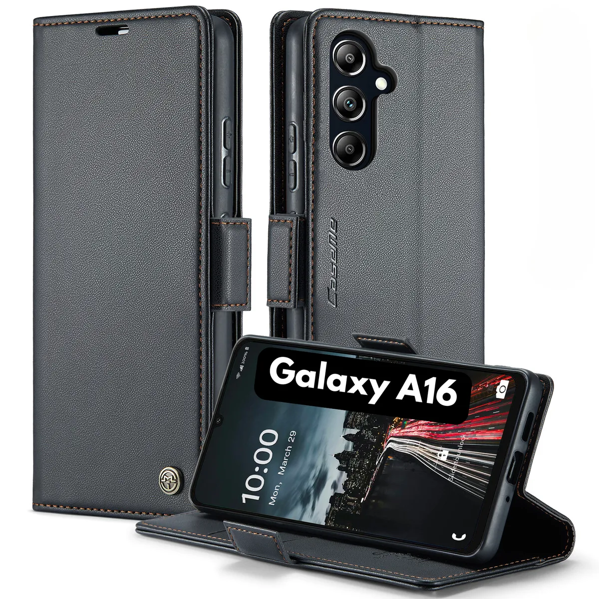 Retro Case Compatible with Samsung Galaxy A16 Flip Leather Wallet Cover - Black