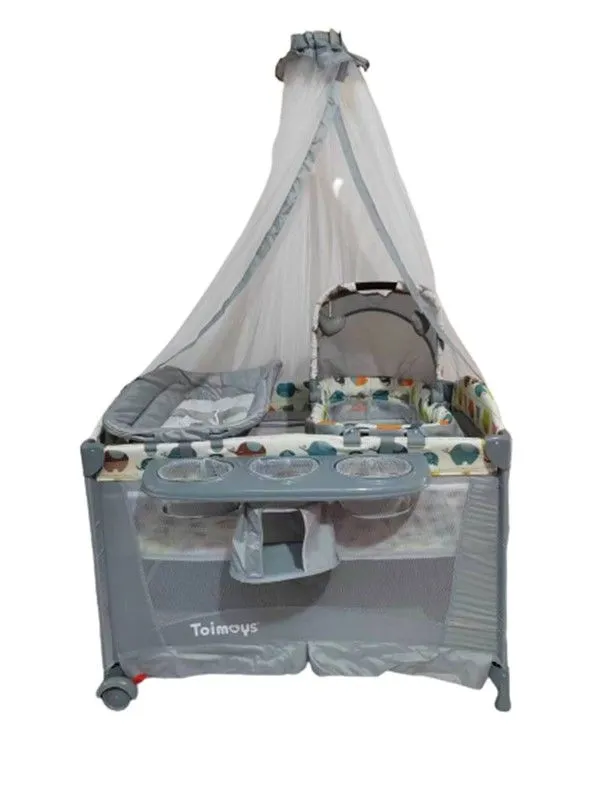 Toimoys baby cot crib w/ Diaper Changer, Net, Toys and Game Entrance - Light grey