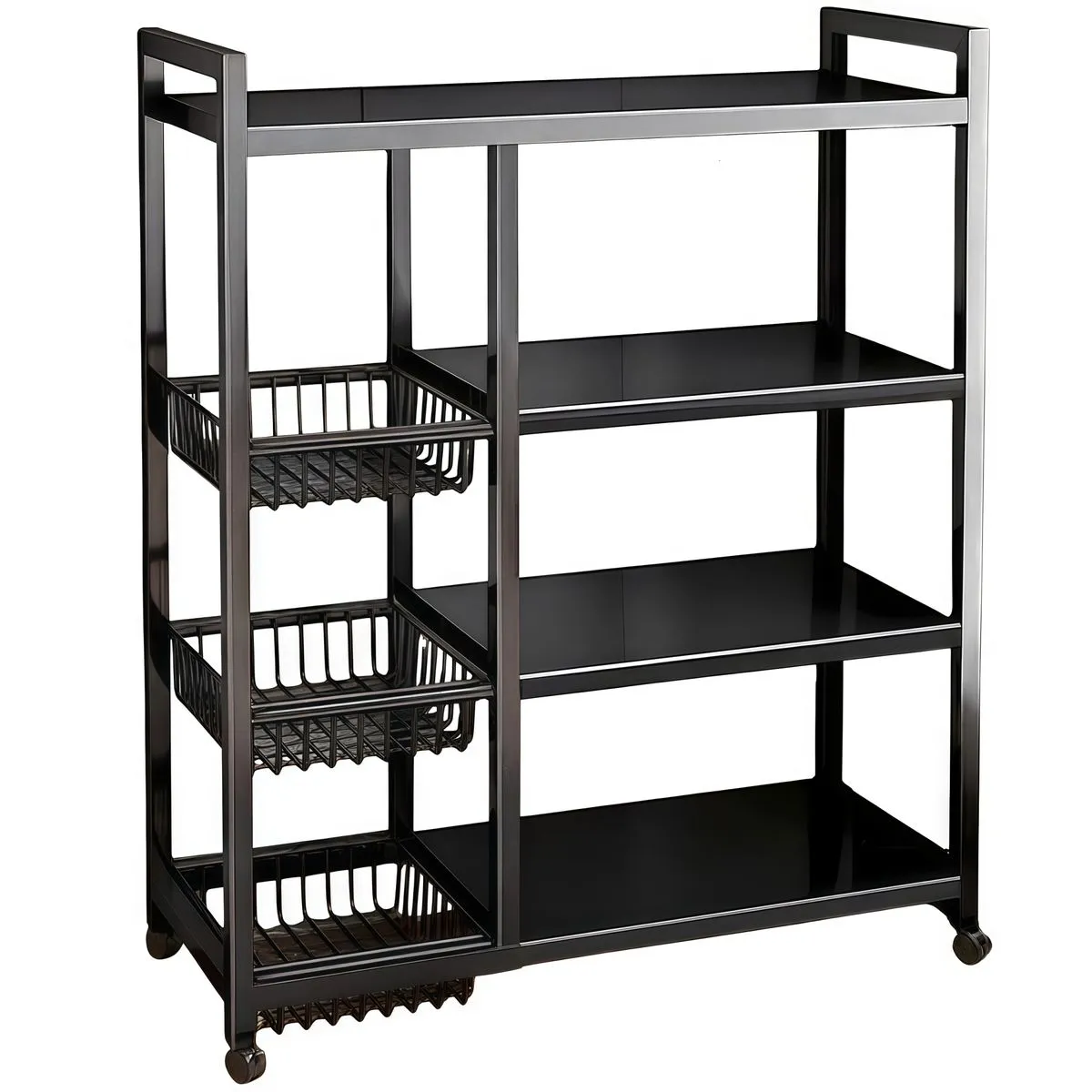 4-Tier Metal Frame Kitchen Storage Shelf With Mesh Baskets and Wheels