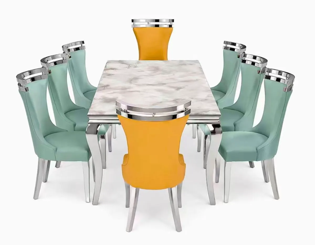 Anaya Luxury 8-Seater Marble Dining Table Set with Mint Green & Mustard