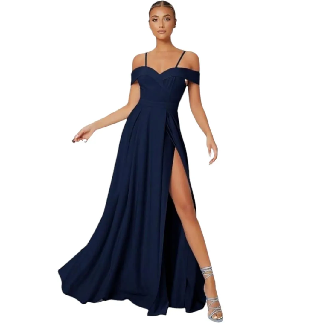 Off Shoulder High Slit Dress Navy Blue - M