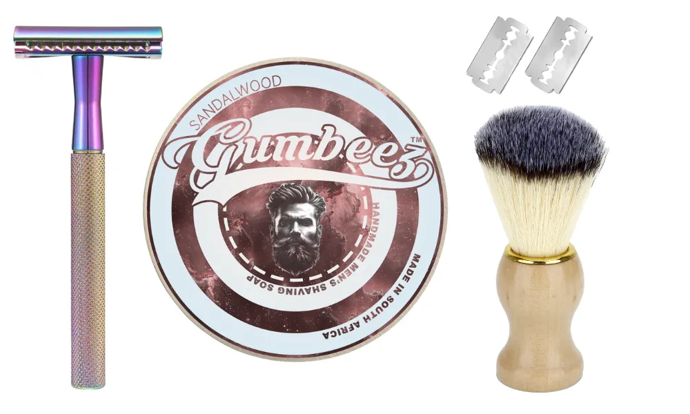 Gumbeez Premium Men's Safety Razor Shaving Kit with Sandalwood Shave Soap - Rainbow