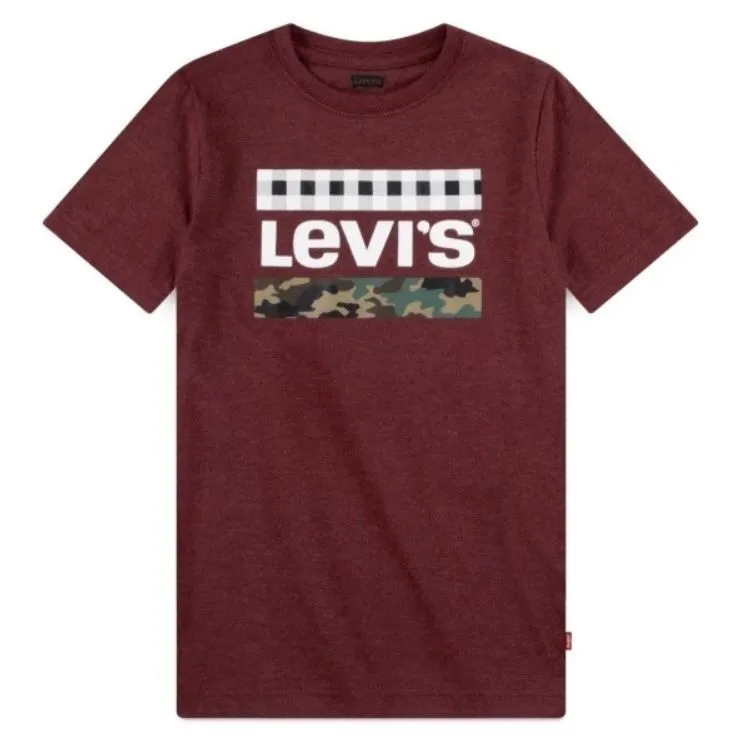 Levi's Boys Short Sleeve Graphic T-Shirt Logo Checkered Camo Maroon
